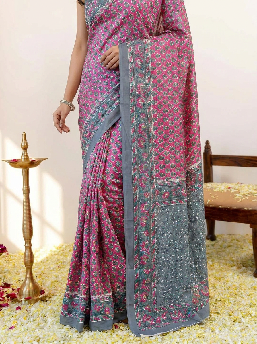 Pure Cotton Pink Saree with Grey Border & Floral Motifs