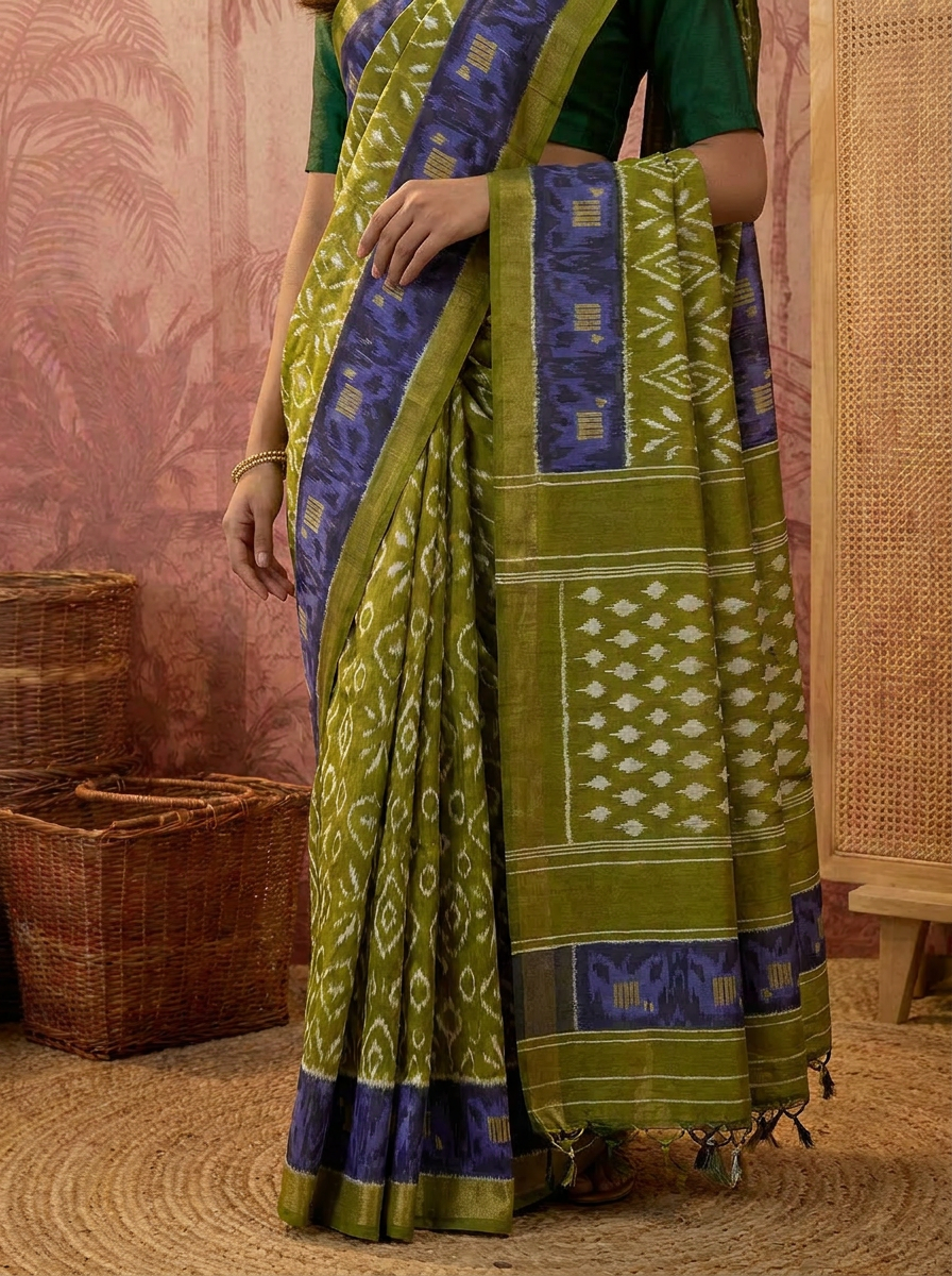 Pure Cotton Olive Green Saree with Blue Border & Traditional Prints - 05 lower closeup