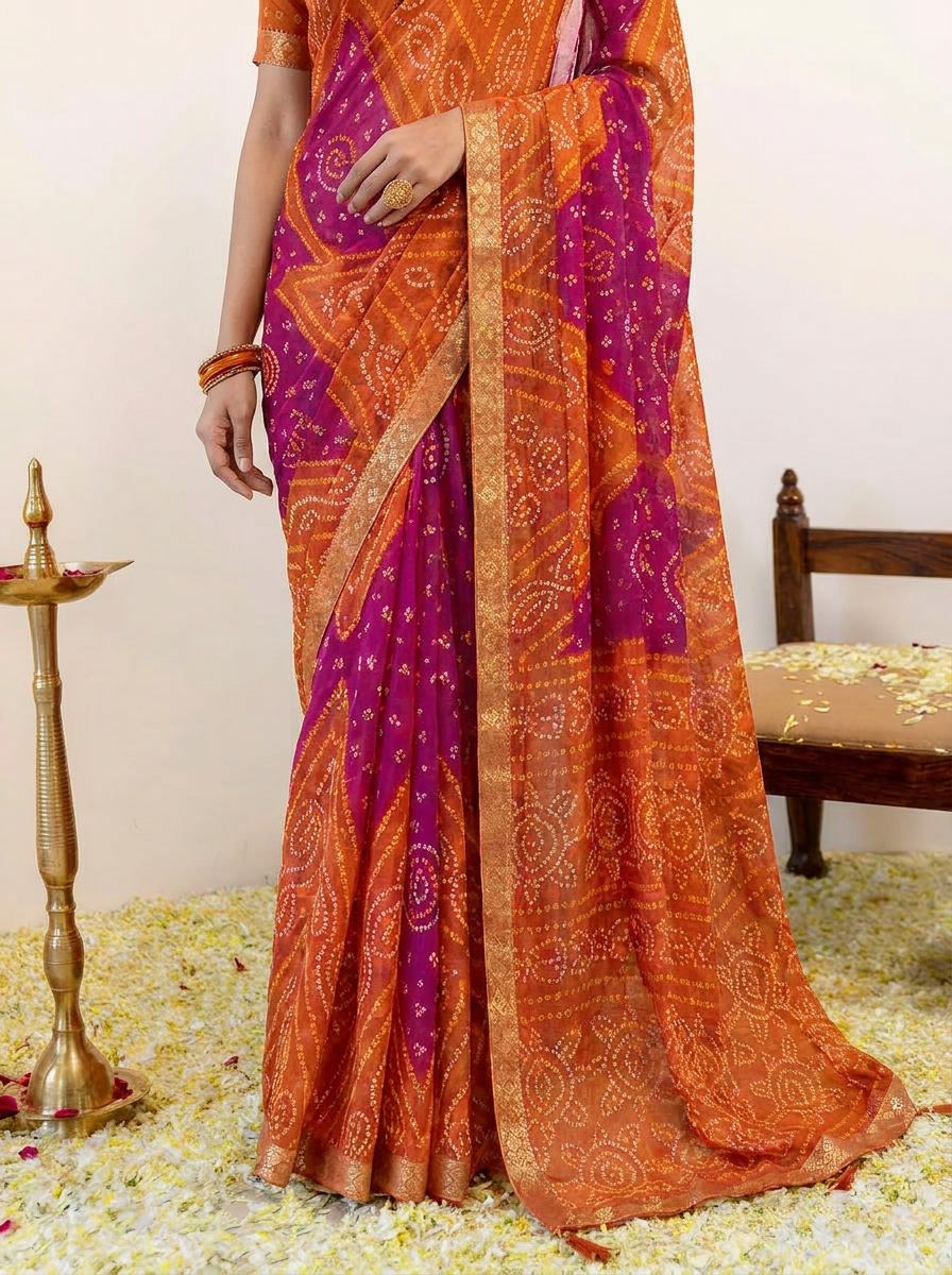 Rangriti Bandhani Chiffon Saree with Lace Border - 05 lower closeup