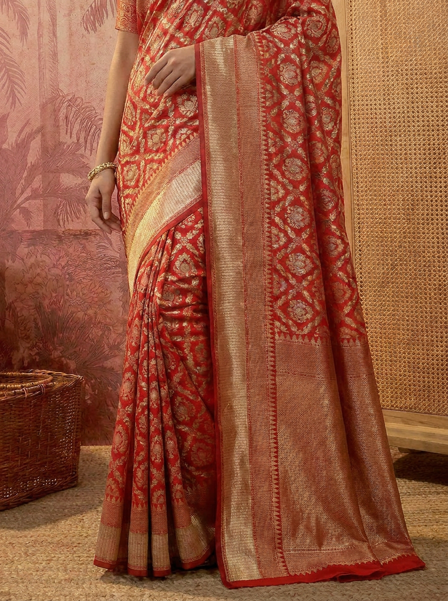 Elegant Red Banarasi Style Zari Woven Saree with Rich Golden Pallu Ã¢â‚¬â€œ Wedding & Festive Wear - 05 lower closeup