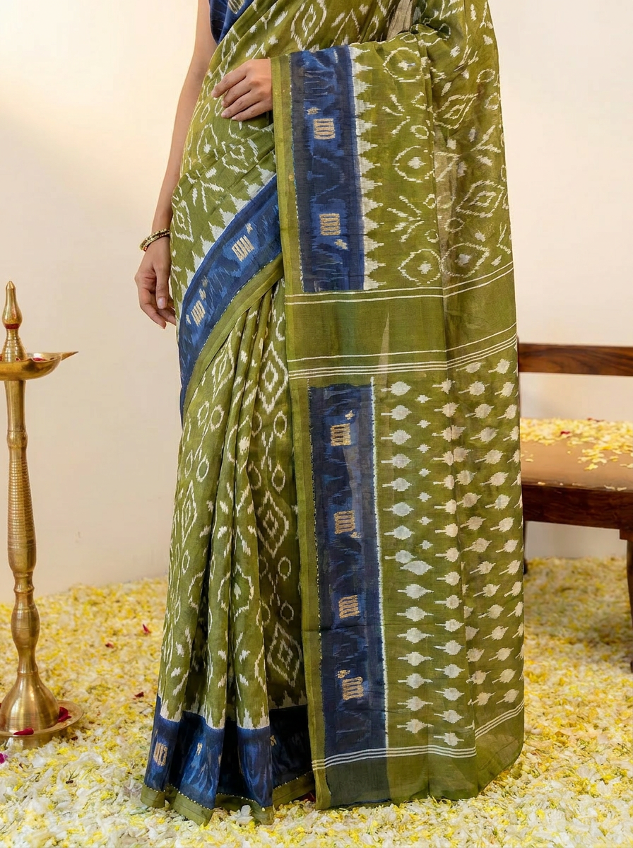 Pure Cotton Olive Green Saree with Navy Blue Border & Ikat Prints