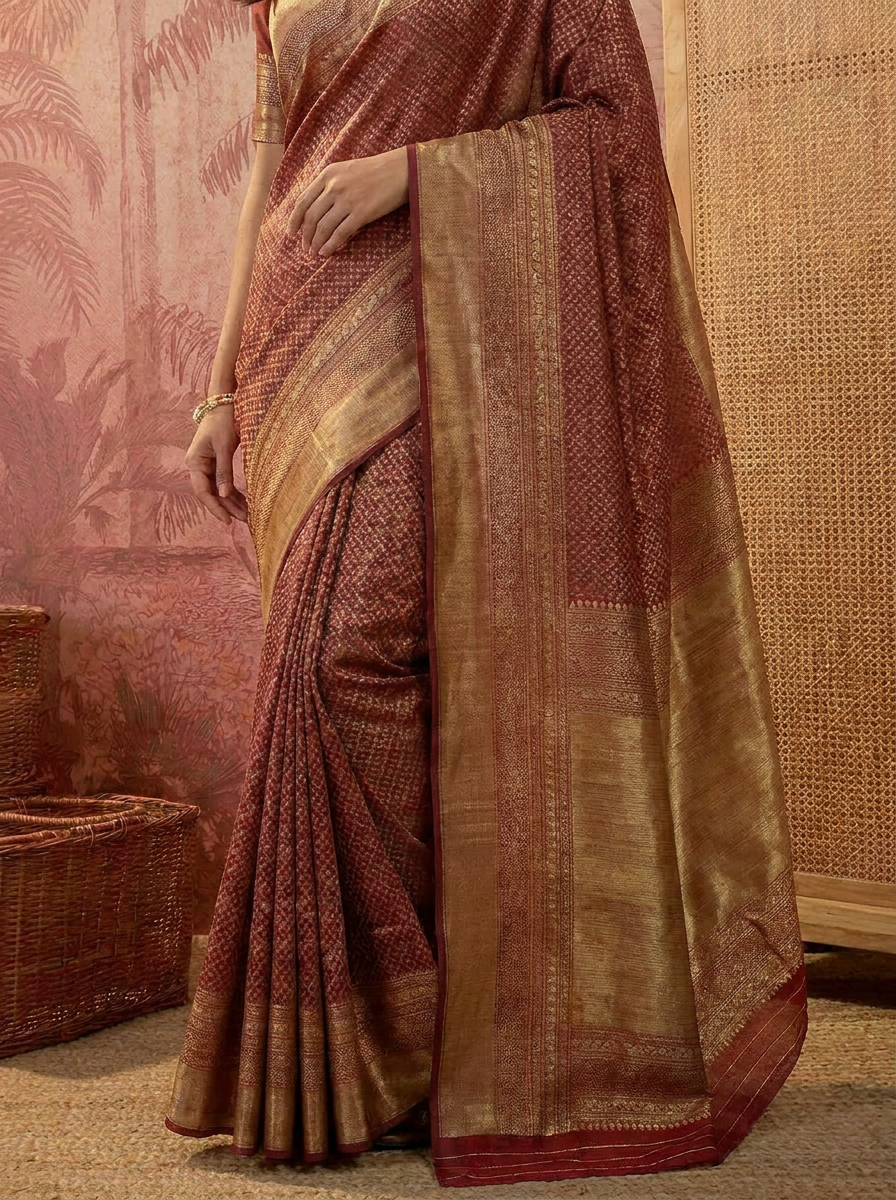 Elegant Maroon Banarasi Style Zari Woven Saree with Rich Golden Pallu Ã¢â‚¬â€œ Wedding & Festive Wear - 05 lower closeup