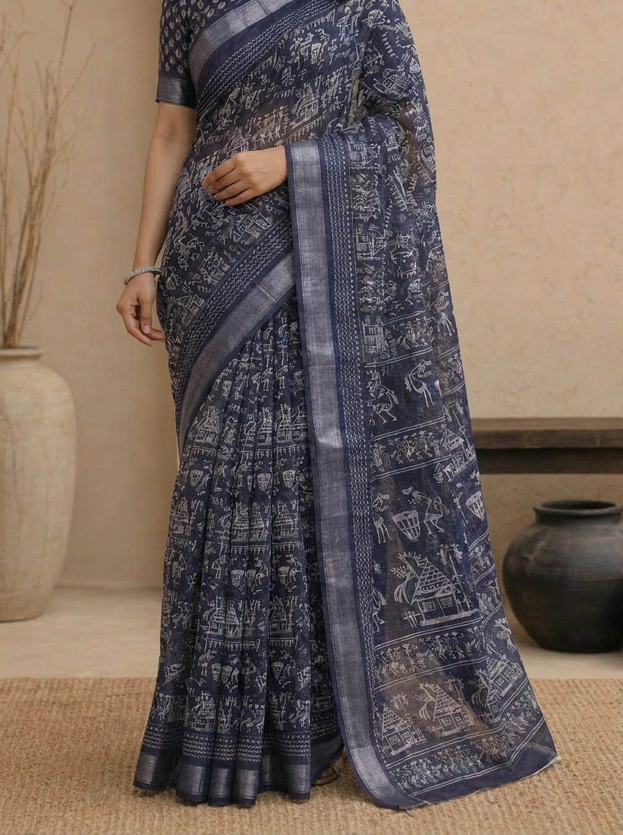 Indira Indigo Work Georgette Saree - 05 lower closeup
