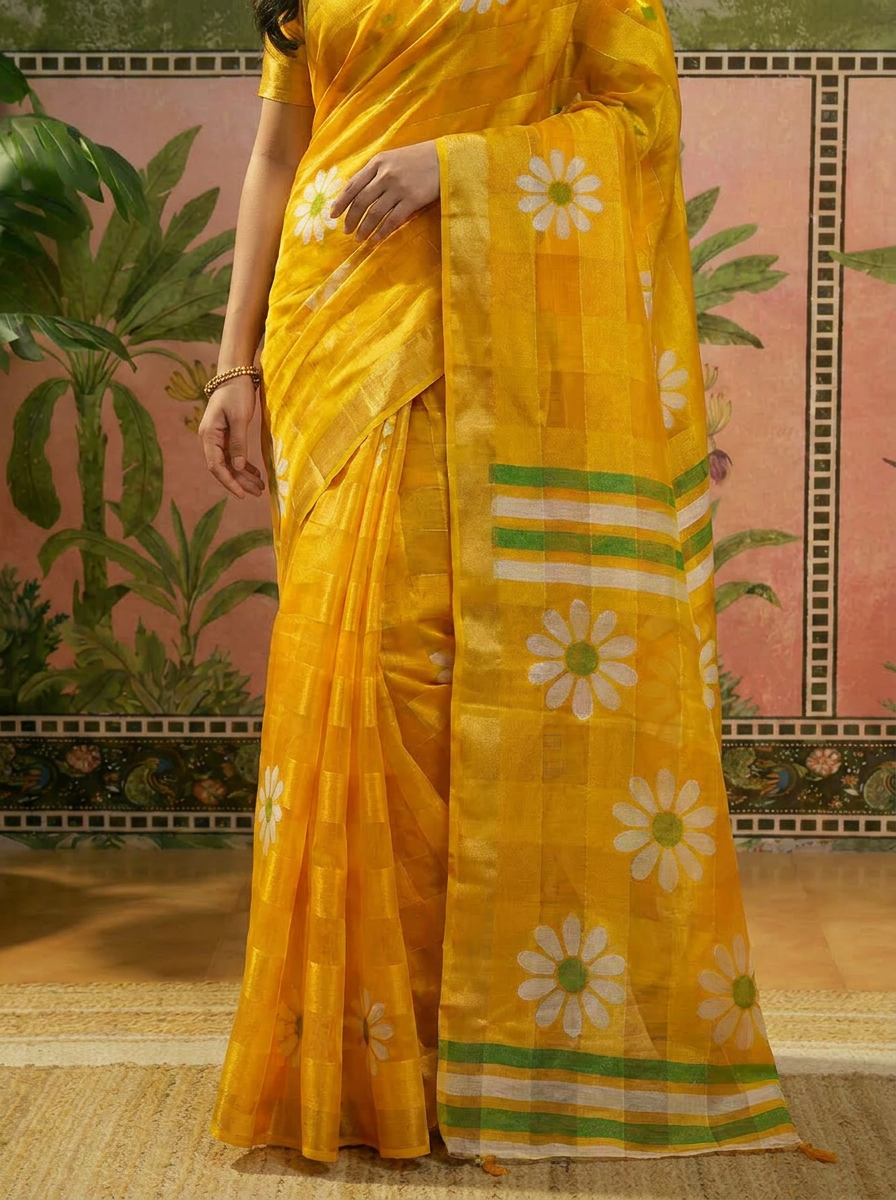 Aarohi Silk Blend Floral Saree with Woven Jari Work