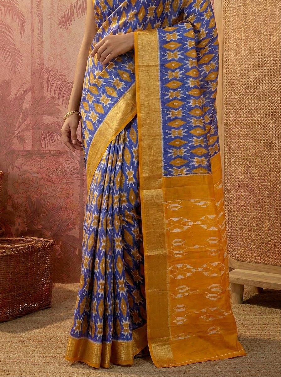 Pochampally Ikat Handloom Saree in Vibrant Orange and Blue.