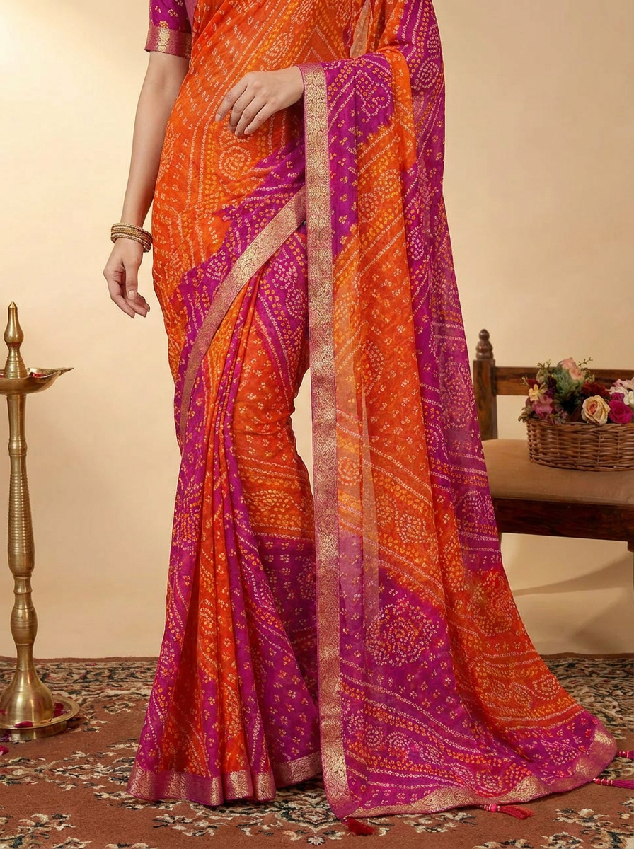 Ishani Bandhani Printed Chiffon Saree with Lace Border - 05 lower closeup