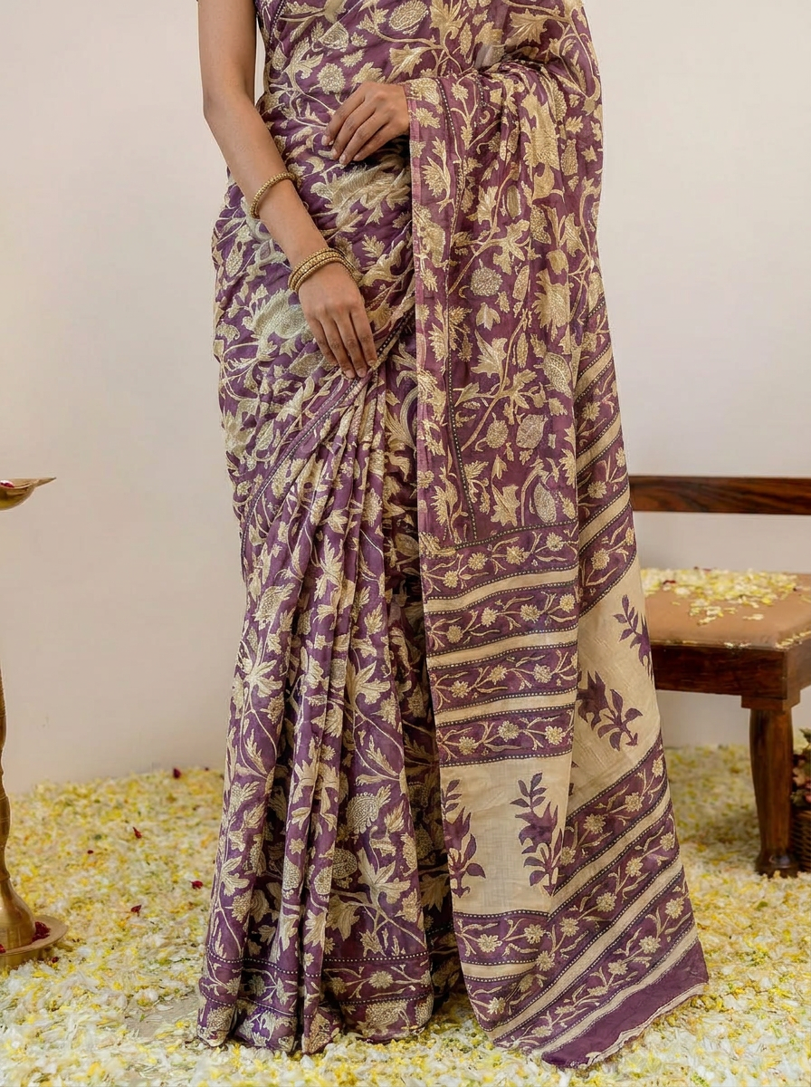 Pure Cotton Mauve Saree with Beige Floral Print & Elegant Border