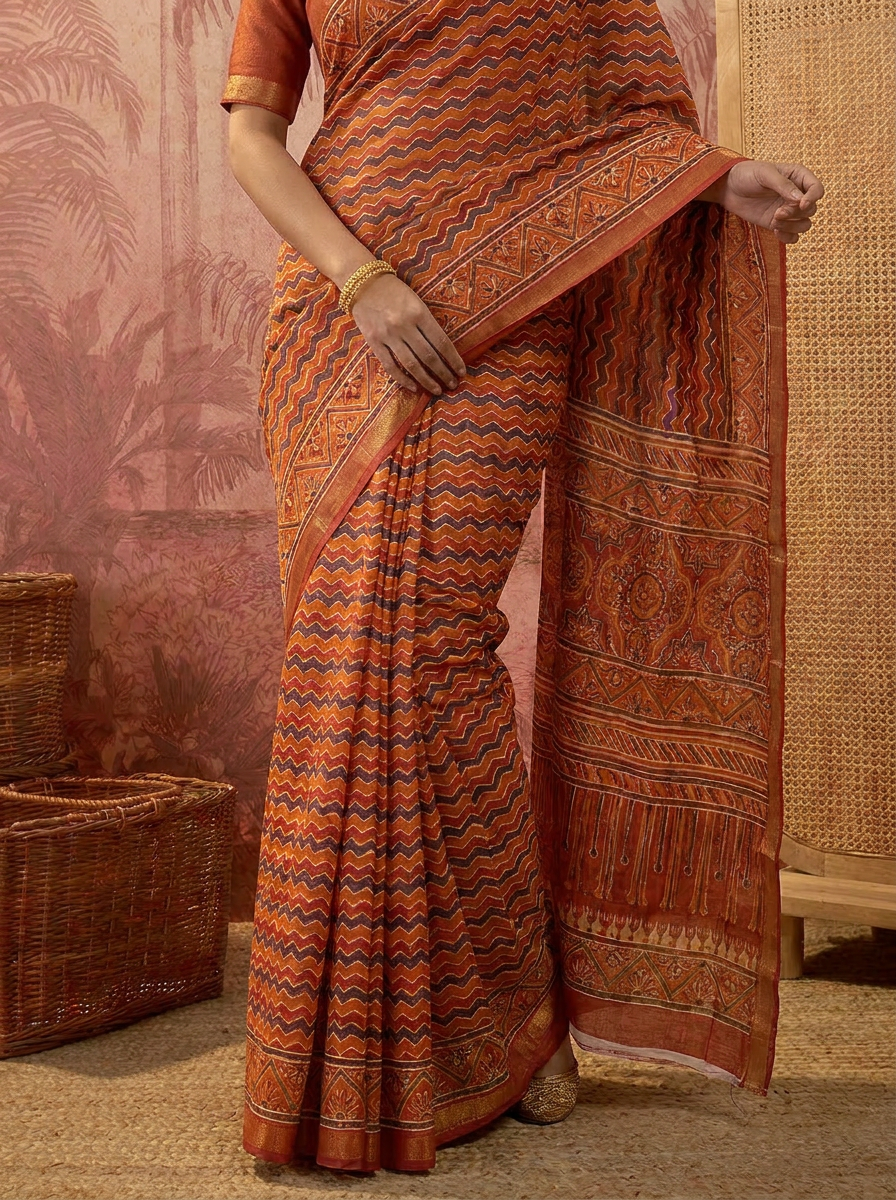 Pure Cotton Orange Geometric Pattern Printed Saree - 05 lower closeup