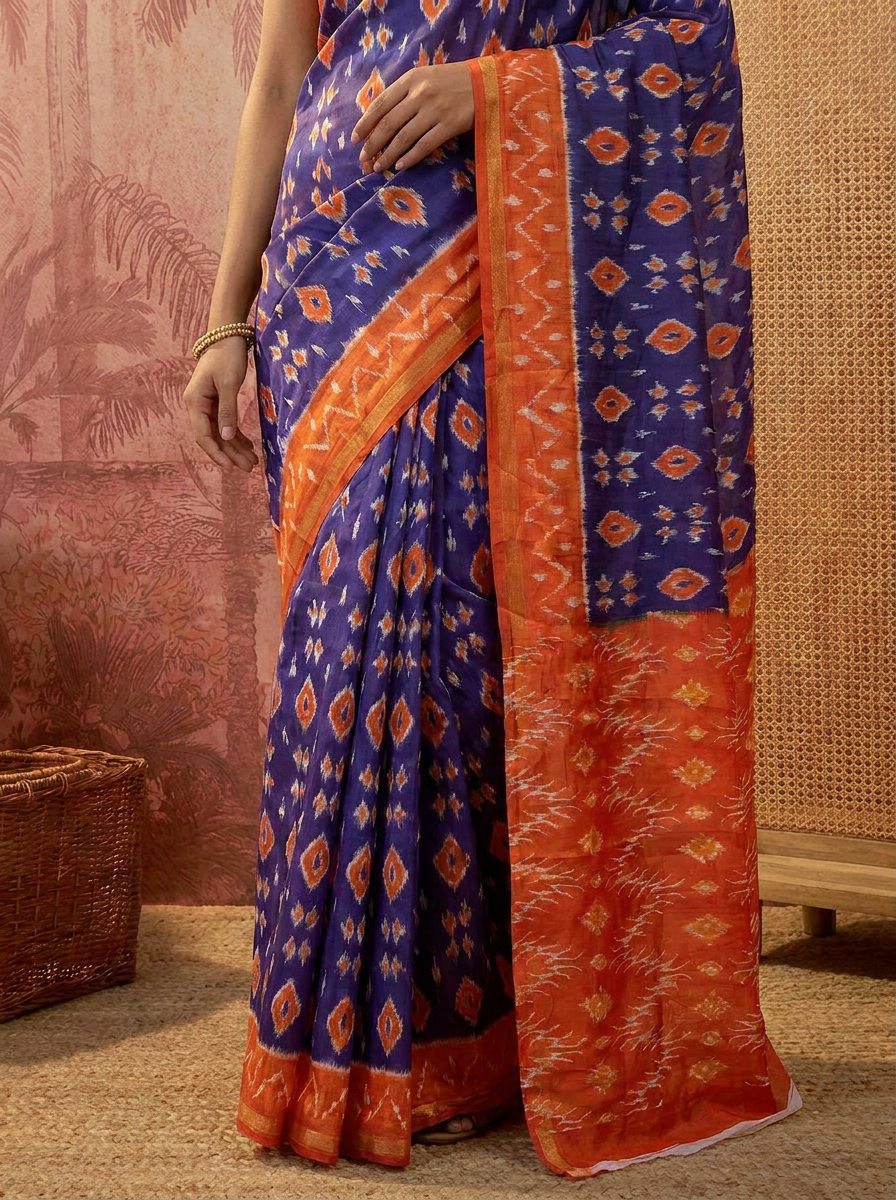 Pure Cotton Navy Blue & Orange Printed Saree with Contrast Border - 05 lower closeup