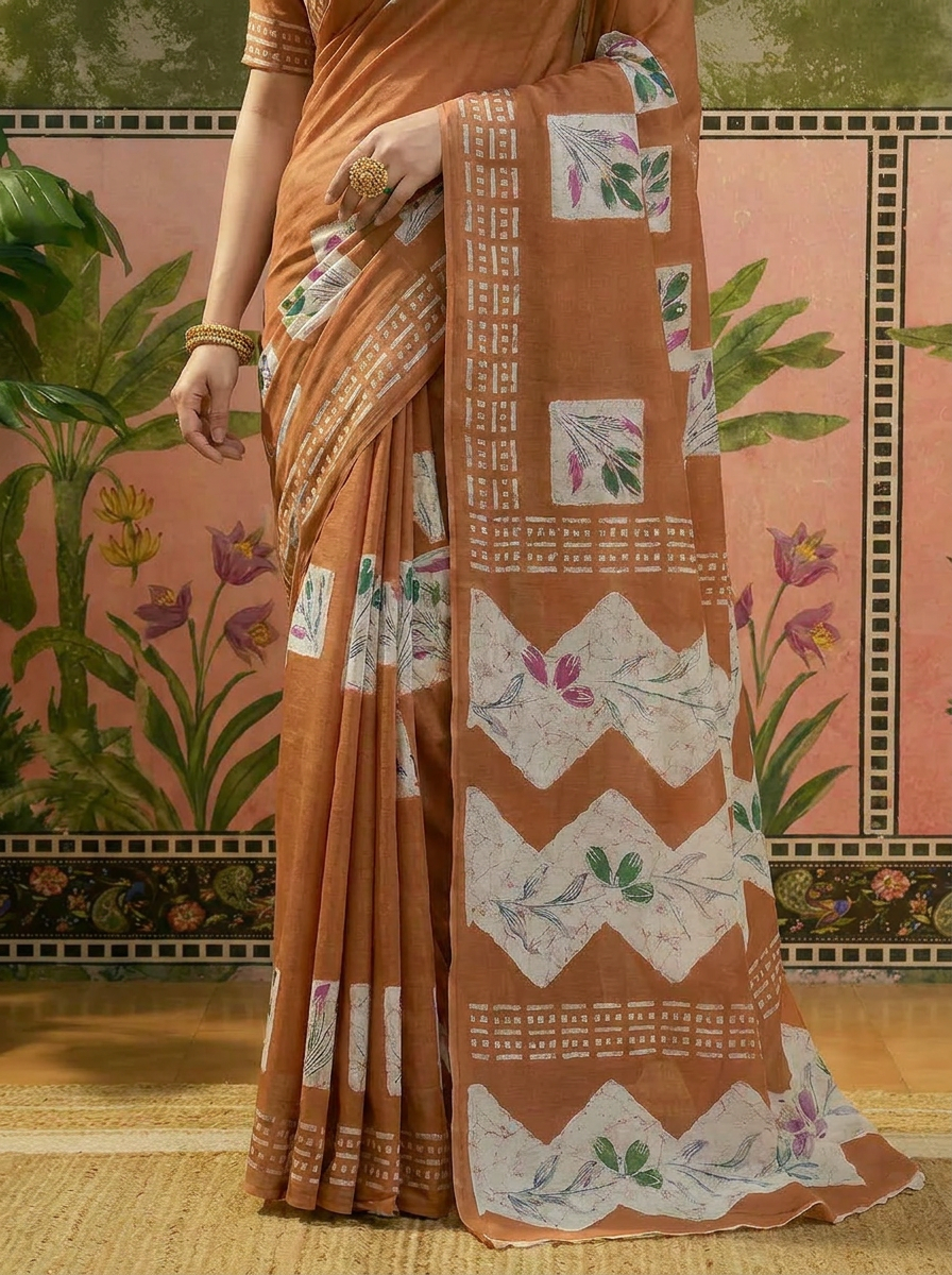 Olive Green Batik Printed Mulmul Cotton Saree - 05 lower closeup
