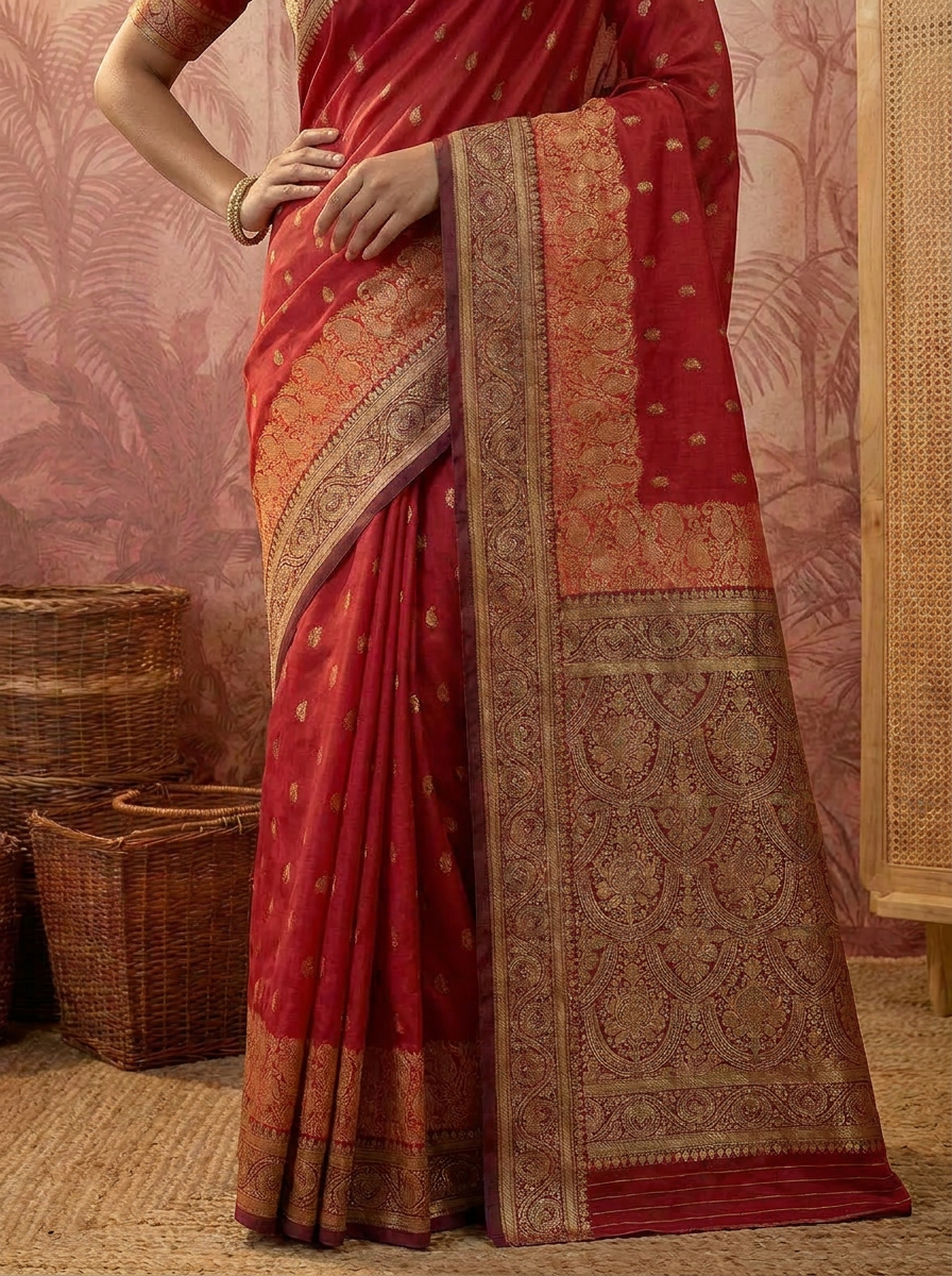 Elegant Rani Pink Banarasi Style Zari Woven Saree with Rich Golden Designer Pallu – Wedding & Festive Wear