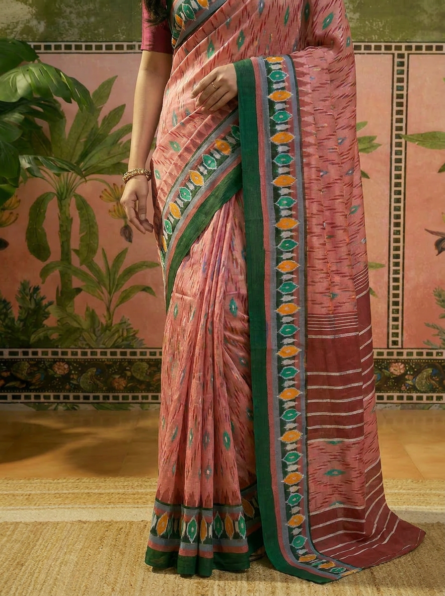 Pure Cotton Peach Saree with Green Border & Ethnic Prints - 05 lower closeup