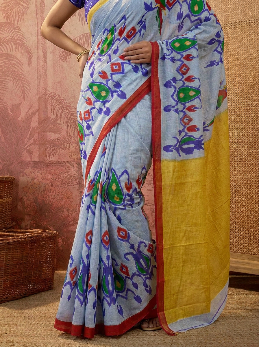 Pure Cotton Light Blue Saree with Multicolor Ikat Inspired Prints - 05 lower closeup