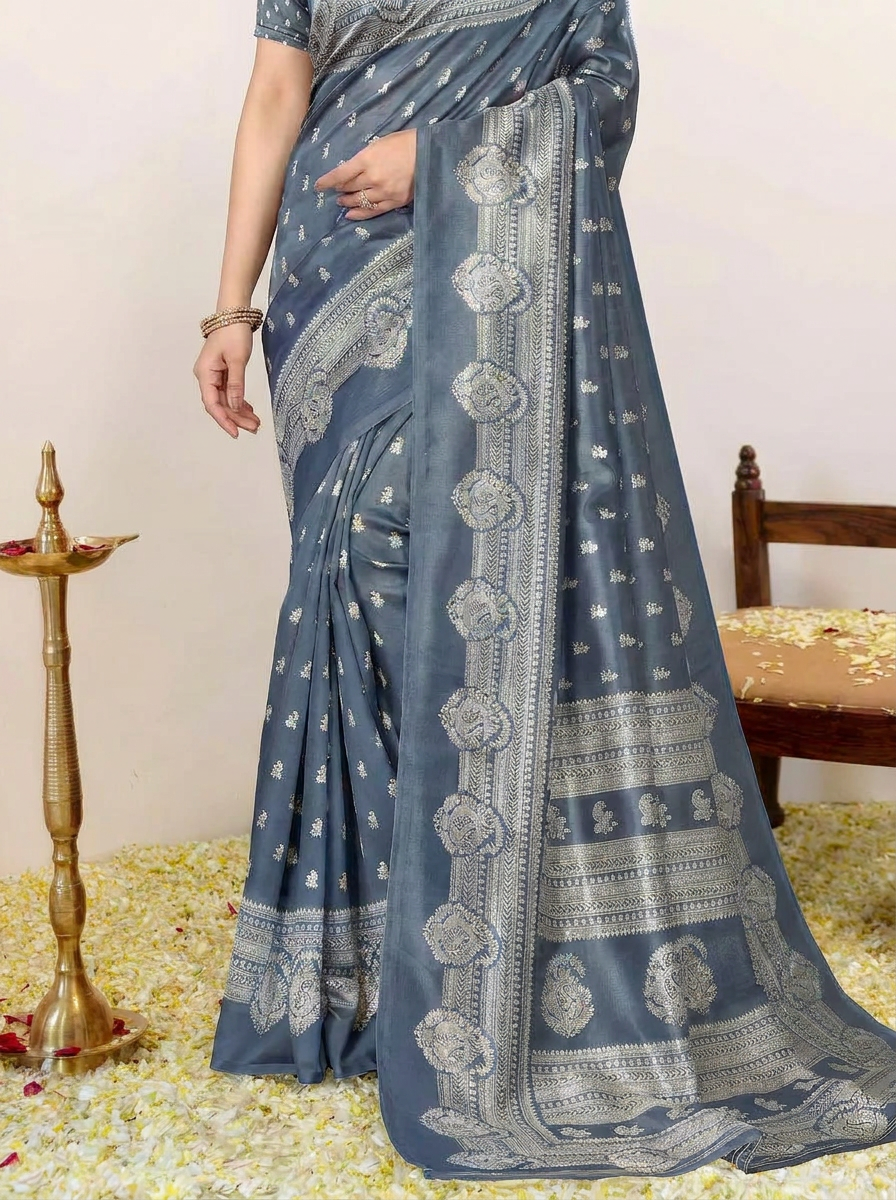 Art Silk Traditional Grey and Off-White Saree