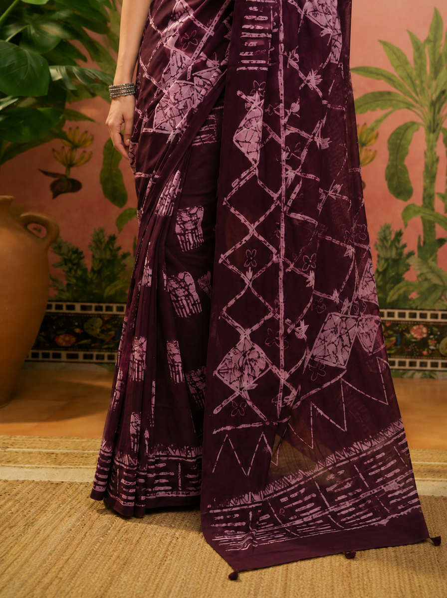 Pure Cotton Wine Color Handblock Printed Saree - 08dd5efe 246c 407d 9b47 33e23640ec0c