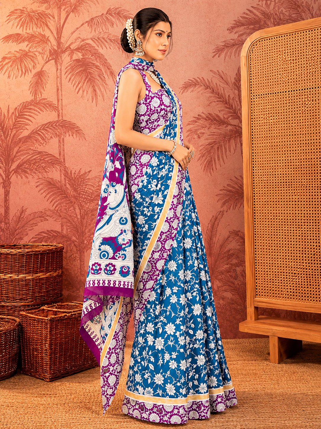 Beige Mulmul Cotton Saree with Maroon Block Print