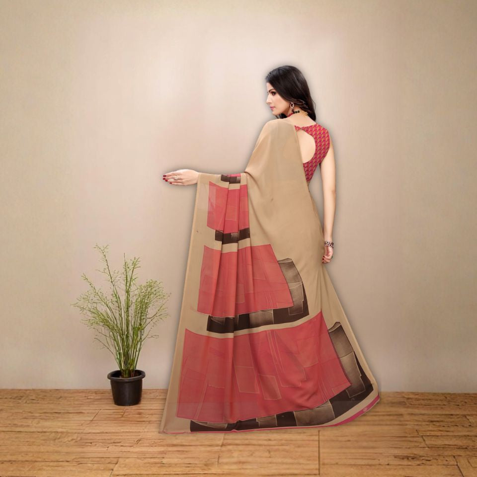 Georgette Floral Printed Beige Saree