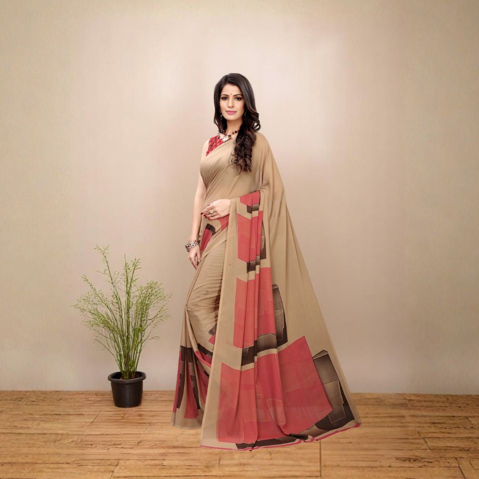Georgette Floral Printed Beige Saree