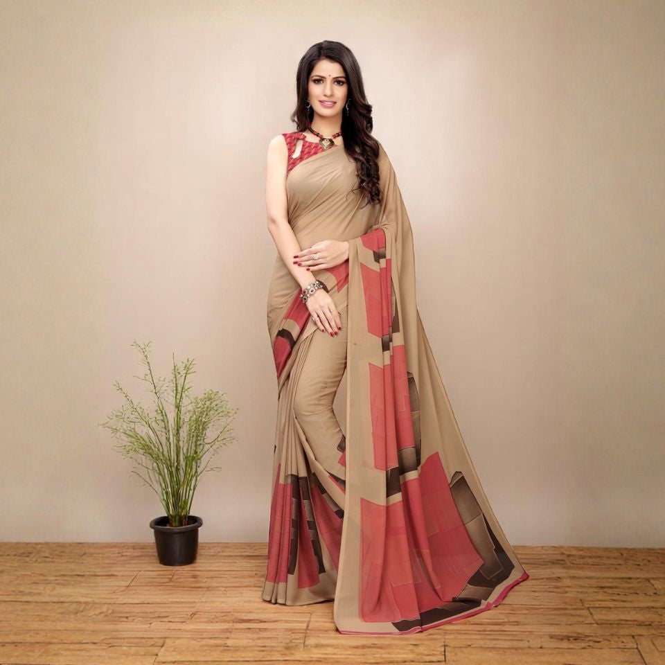 Georgette Floral Printed Beige Saree