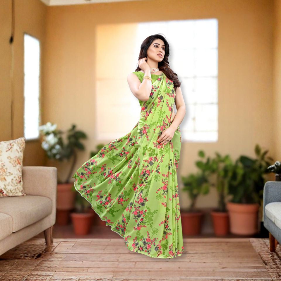 Parrot Bloom Georgette Floral Saree