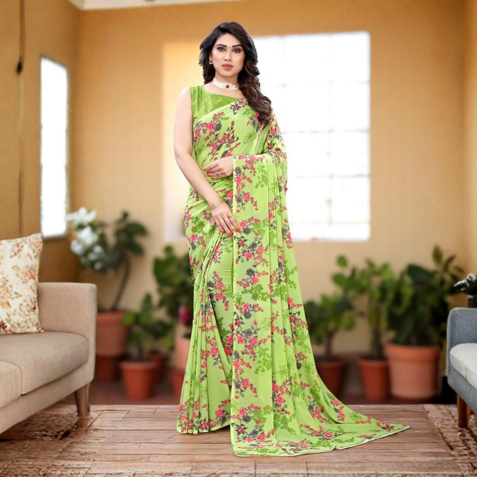 Parrot Bloom Georgette Floral Saree