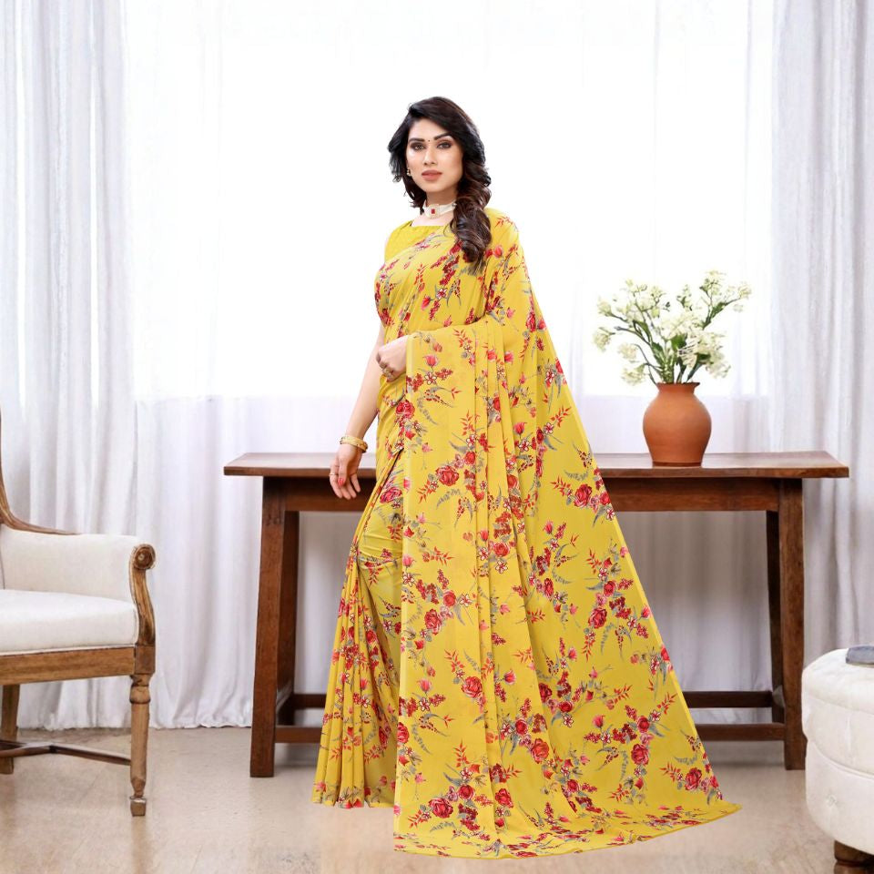 Sunlit Petals Yellow Georgette Saree