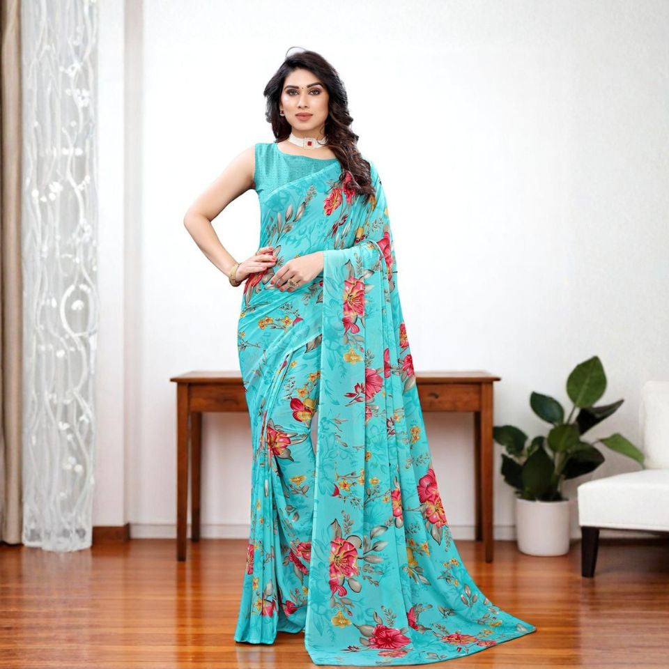 Aqua Serenade Floral Georgette Saree