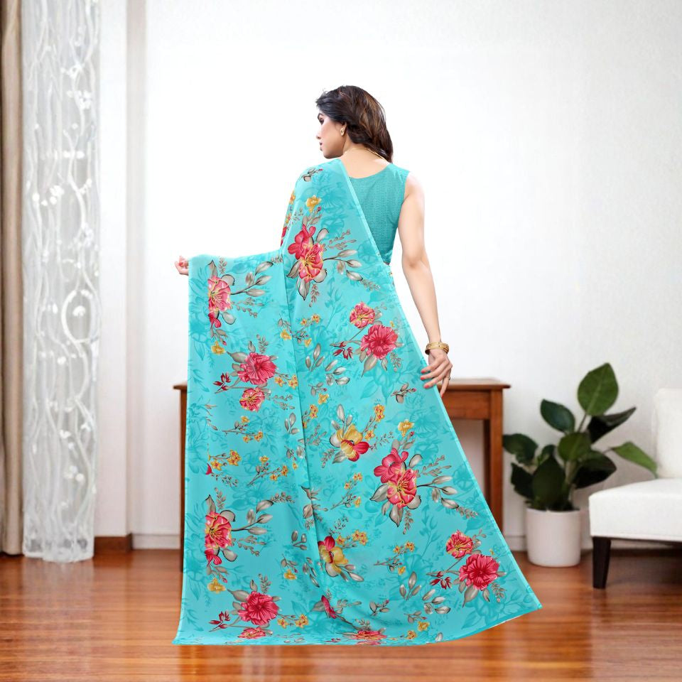 Aqua Serenade Floral Georgette Saree