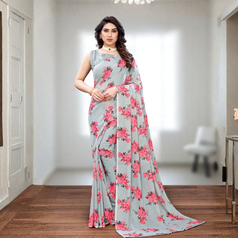 Grey Whisper Georgette Floral Saree