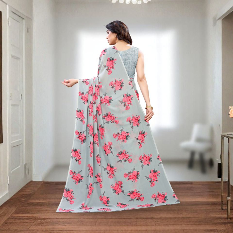 Grey Whisper Georgette Floral Saree