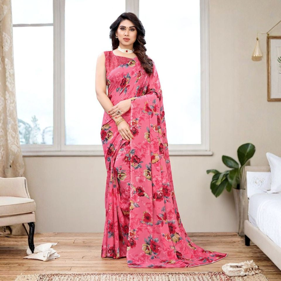 Grey Whisper Georgette Floral Saree