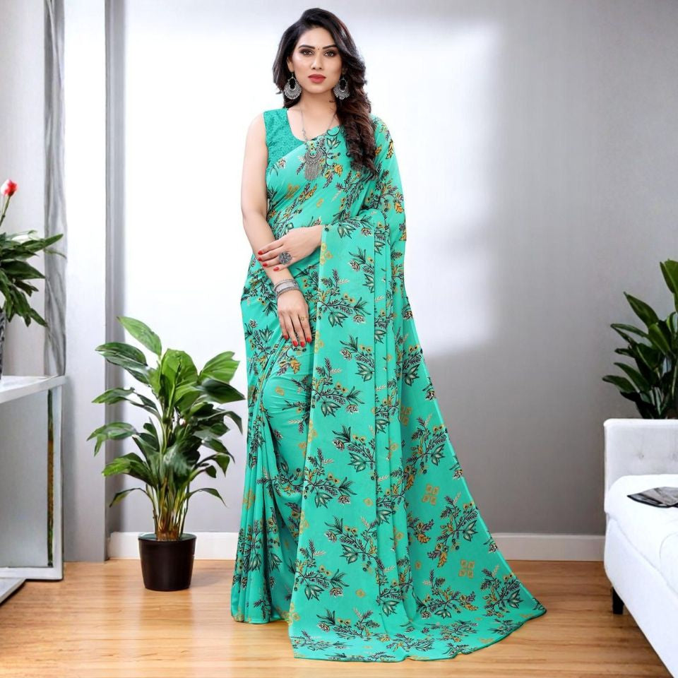 Turquoise Oasis Floral Georgette Saree