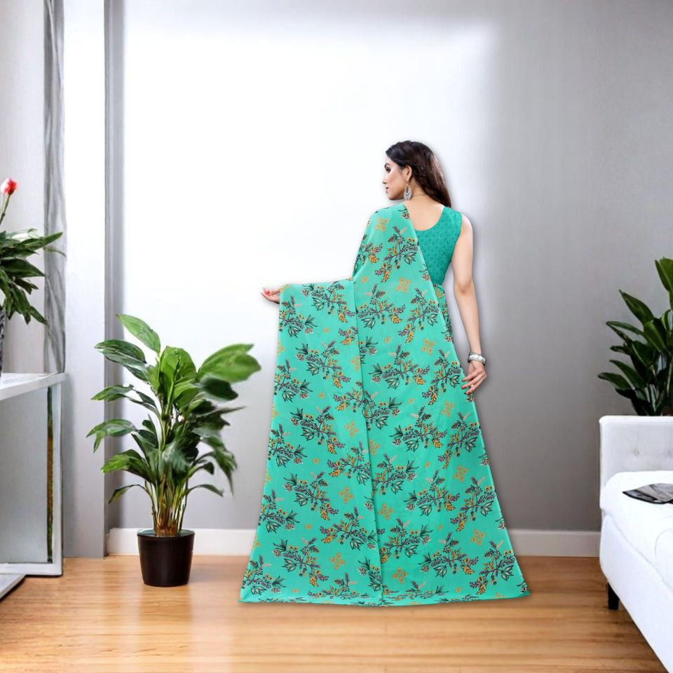 Turquoise Oasis Floral Georgette Saree