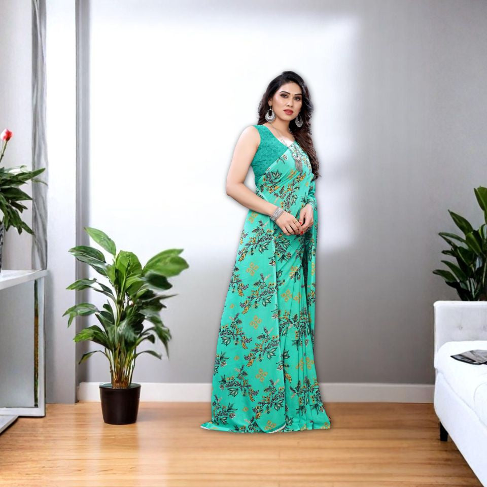 Turquoise Oasis Floral Georgette Saree