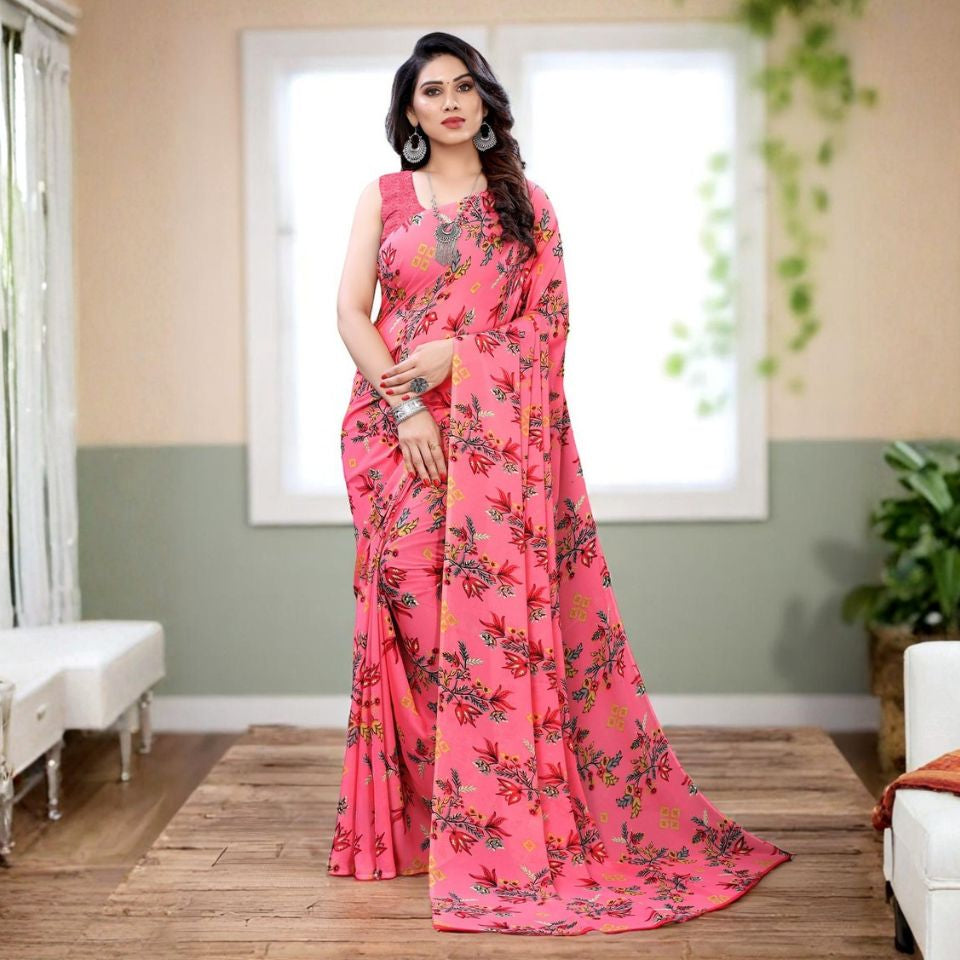 Turquoise Oasis Floral Georgette Saree