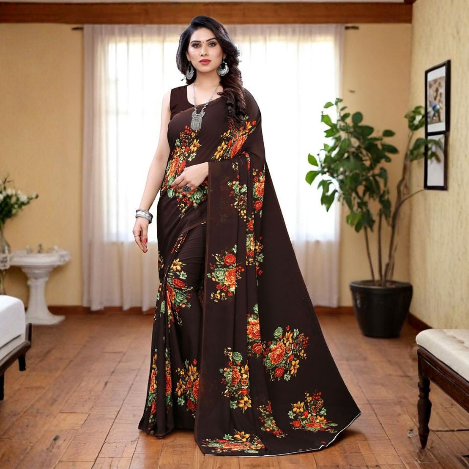 Earthy Bloom Brown Georgette Saree