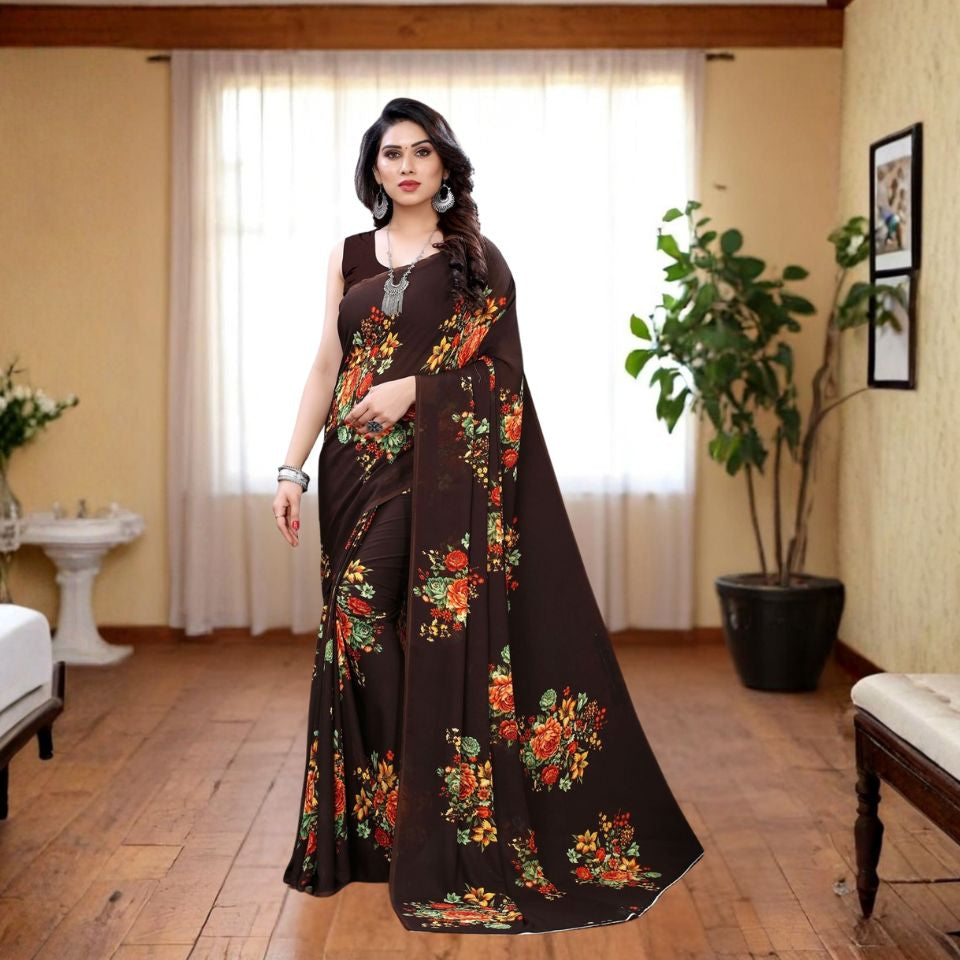 Turquoise Oasis Floral Georgette Saree
