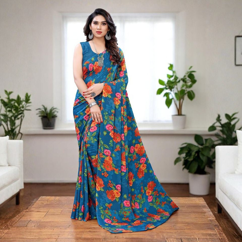 Turquoise Oasis Floral Georgette Saree
