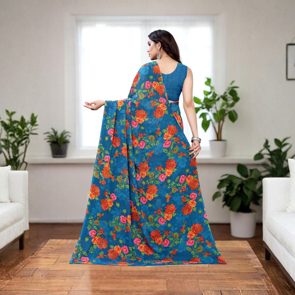 Azure Petals Blue Georgette Saree