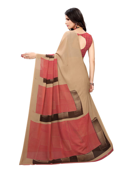 Georgette Floral Beige, Pink Saree