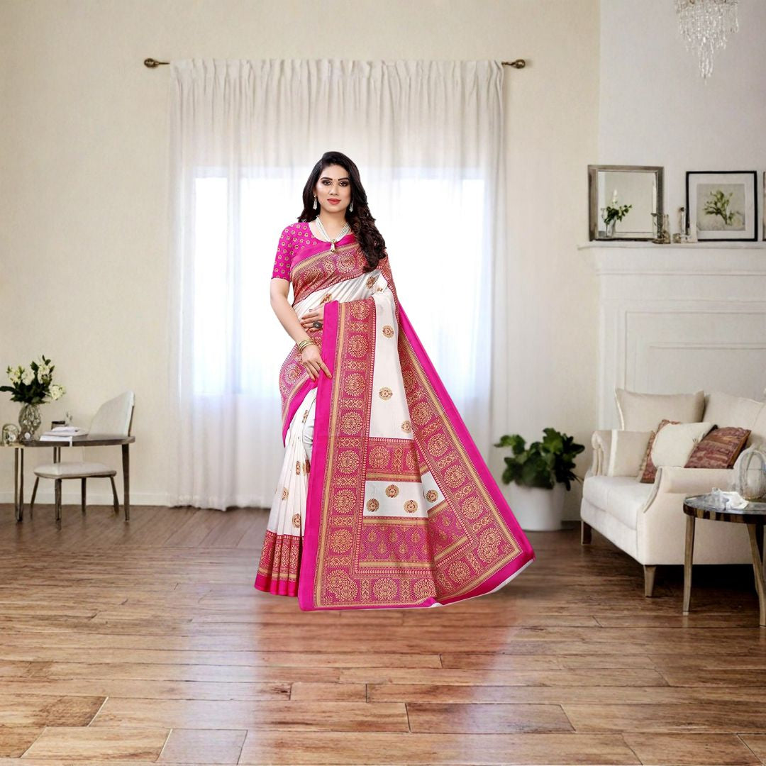 Ivory Blush Pink Art Silk Heritage Saree