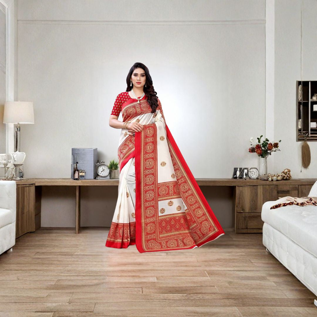 Classic Ivory Red Art Silk Traditional Saree