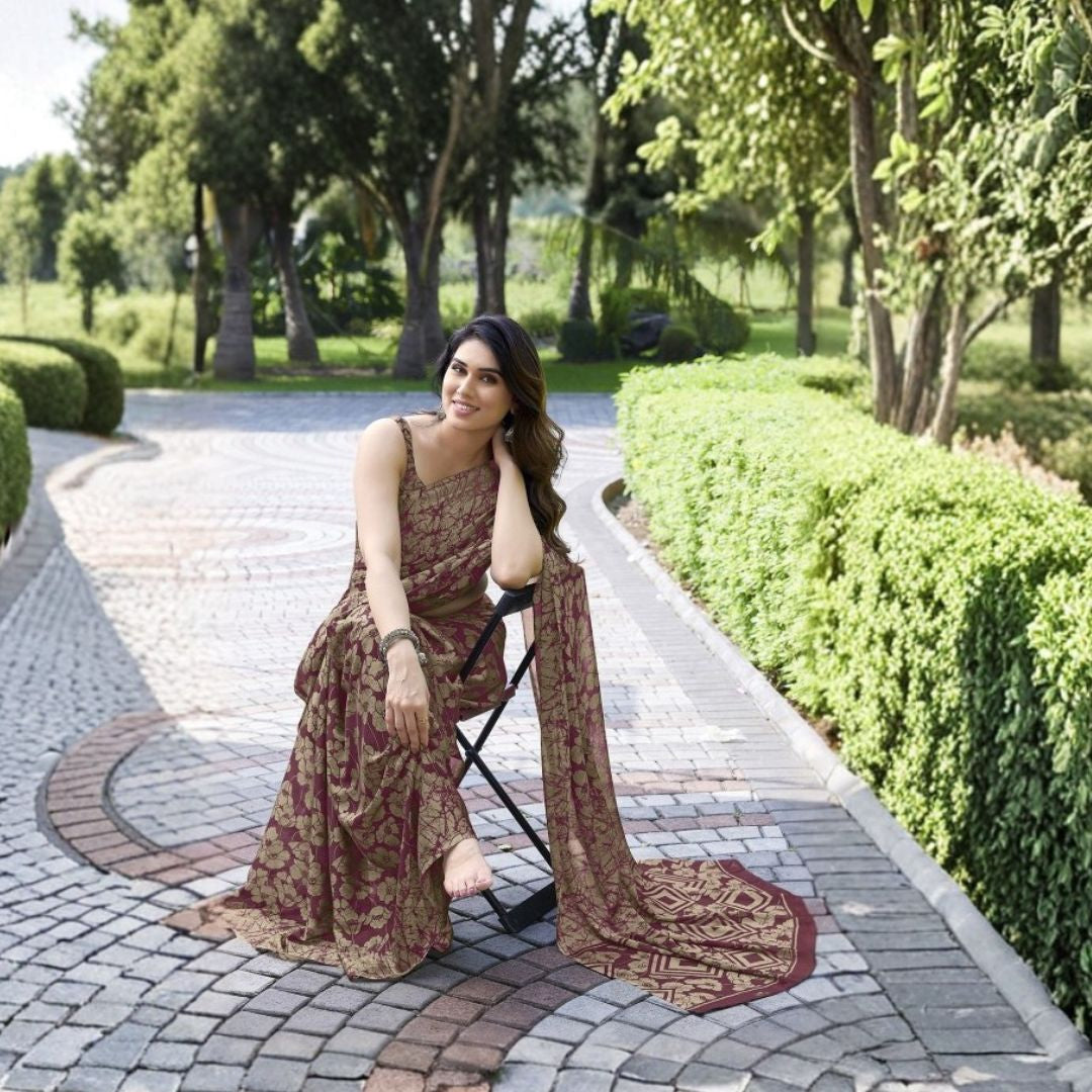 Wine Ember Floral Chiffon Saree