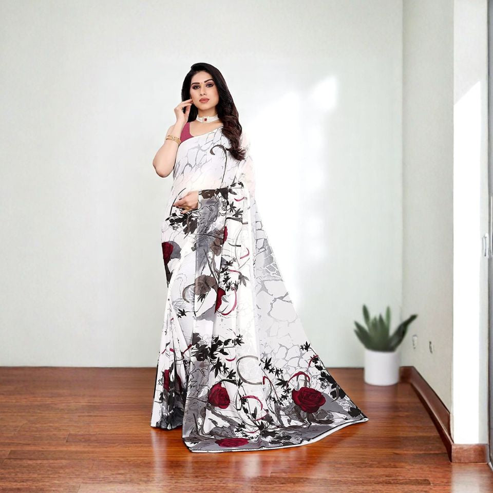 White Lavender Bloom Georgette Floral Saree