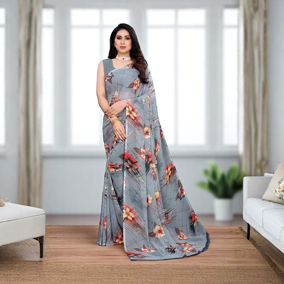 Silver Dawn Grey Georgette Floral Saree