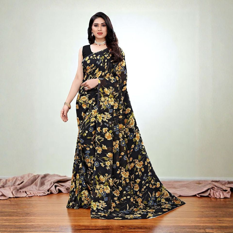 Midnight Blossom Black Georgette Saree