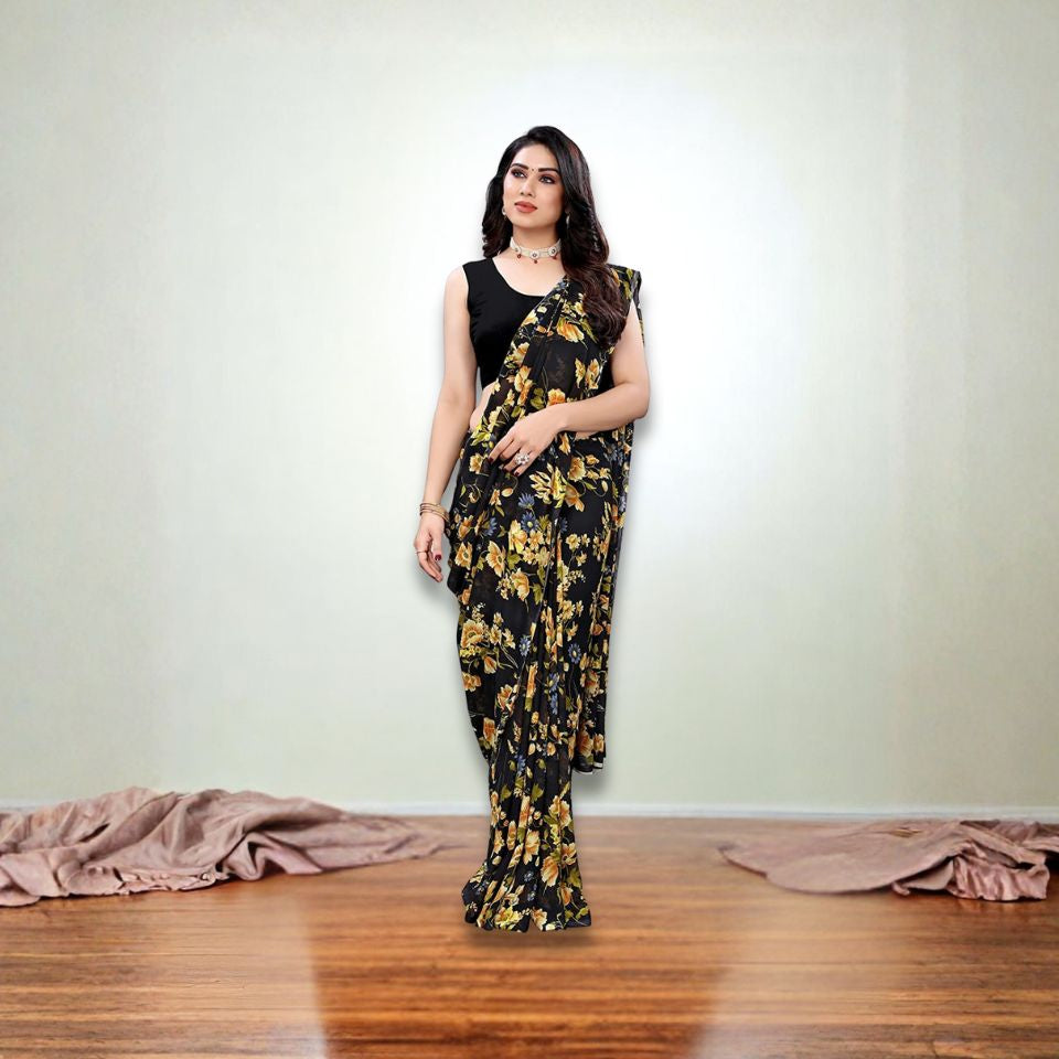 Midnight Blossom Black Georgette Saree