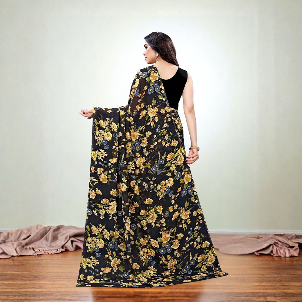 Midnight Blossom Black Georgette Saree