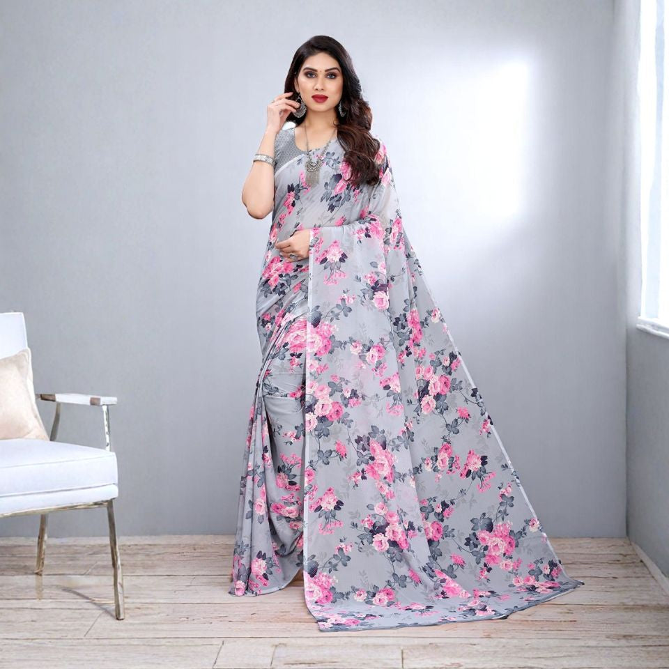Charcoal Petals Grey Georgette Saree