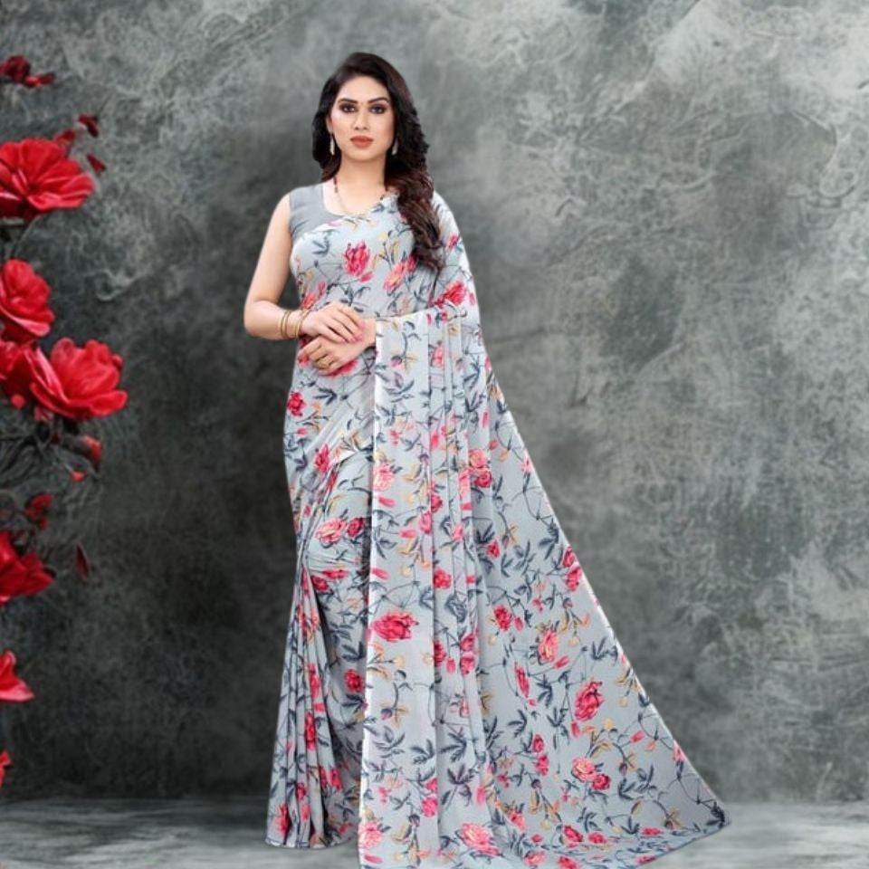 Charcoal Petals Grey Georgette Saree